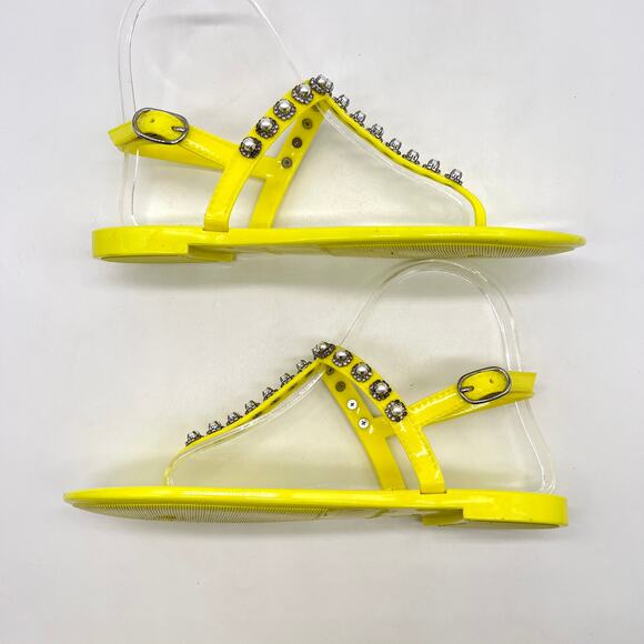 STUART WEITZMAN Goldie Pearl Crystal Jelly Sandals Womens 8 Neon Yellow T-strap - Picture 5 of 12